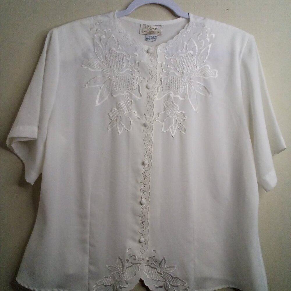 Voir Collection Blouse Women 16W 16 Vintage Embroidery Button Up Feminine Ivory - Picture 2 of 16